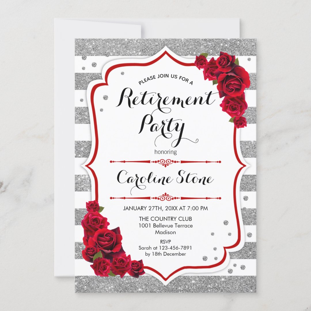 Retirement Party - Silver White Stripes Roses Invitation | Zazzle