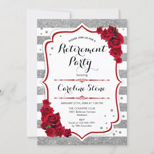 Retirement Party _ Silver White Stripes Roses Invitation