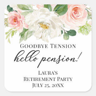 Retirement party stickers, pink and ivory flowers square sticker