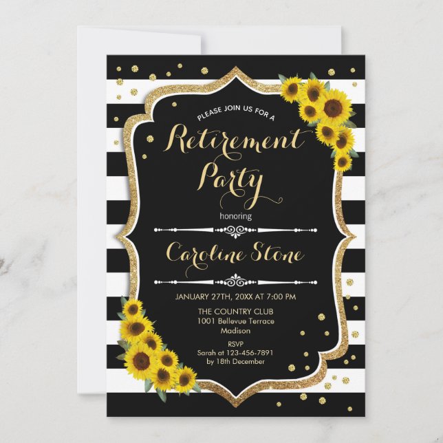 Retirement Party - Sunflowers Black White Stripes Invitation (Front)