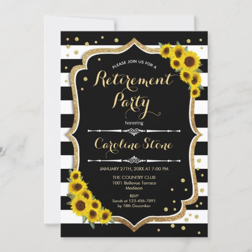 Retirement Party _ Sunflowers Black White Stripes Invitation