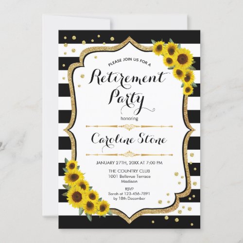 Retirement Party _ Sunflowers Black White Stripes Invitation