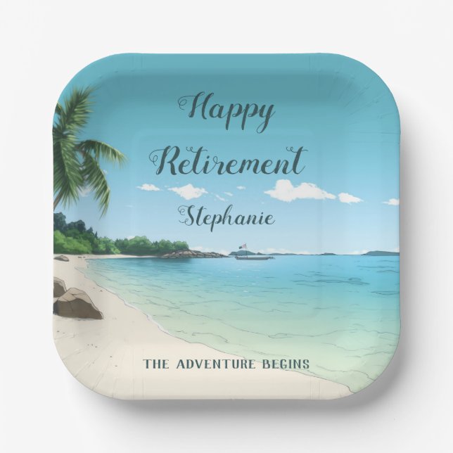 Retirement Party Tropical Beach Palm Trees Paper Plates (Front)