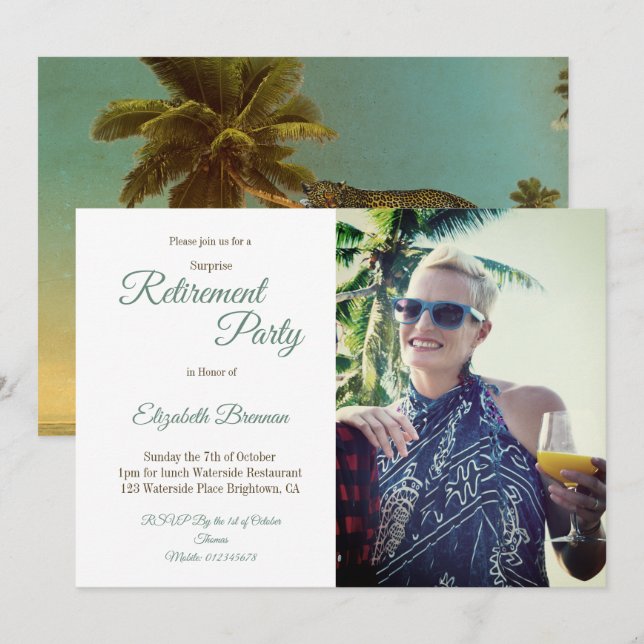 Retirement Party Tropical Palm Leopard Photo Invitation (Front/Back)
