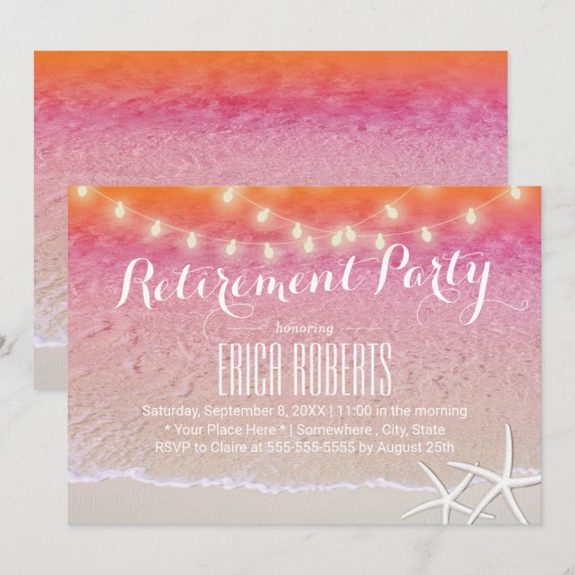Retirement Party Tropical Sunset Beach Starfish Invitation (Front/Back)