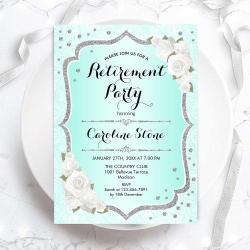 Retirement Party _ Turquoise Silver White Roses Invitation