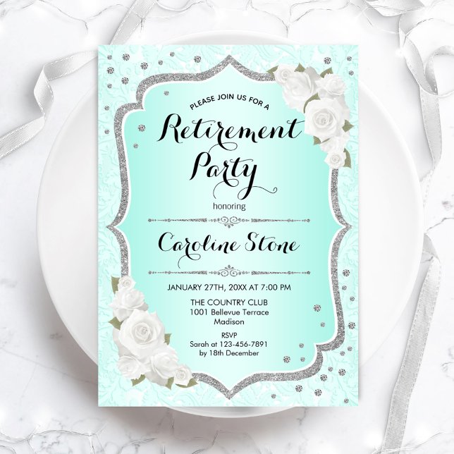 Retirement Party - Turquoise Silver White Roses Invitation (Creator Uploaded)
