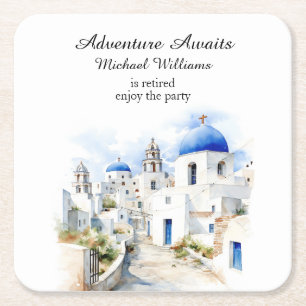 Retirement Party Vintage Colorful Greece Village Square Paper Coaster