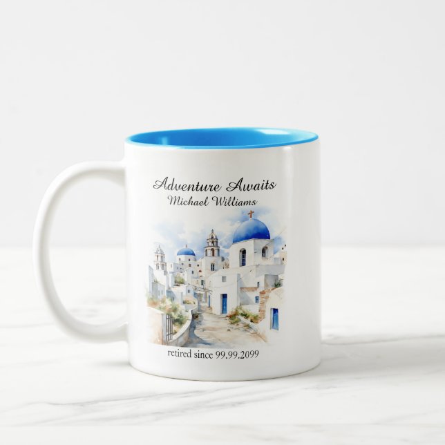 Retirement Party Vintage Colorful Greece Village  Two-Tone Coffee Mug (Left)