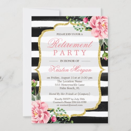 Retirement Party Watercolor Floral Gold Glitter Card