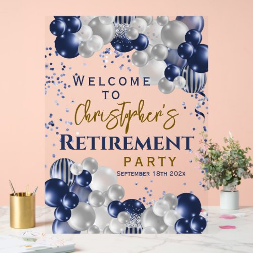 Retirement Party Welcome Blue Balloons Acrylic Sign