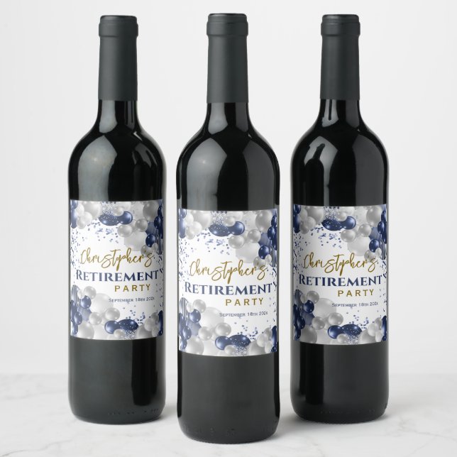Retirement Party Welcome Blue Balloons  Wine Label (Bottles)
