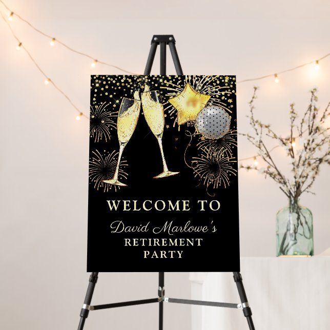 Retirement Party Welcome Sign Black  Gold Confetti (In Situ (Stand))