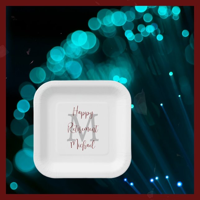 Retirement Party White Gray Burgundy Name Monogram Paper Plates (Creator Uploaded)