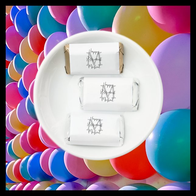Retirement Party White Gray Monogram Black Name Hershey's Miniatures (Creator Uploaded)