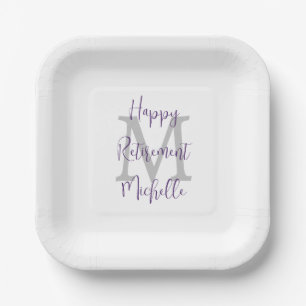 Retirement Party White Gray Purple Name Monogram Paper Plates