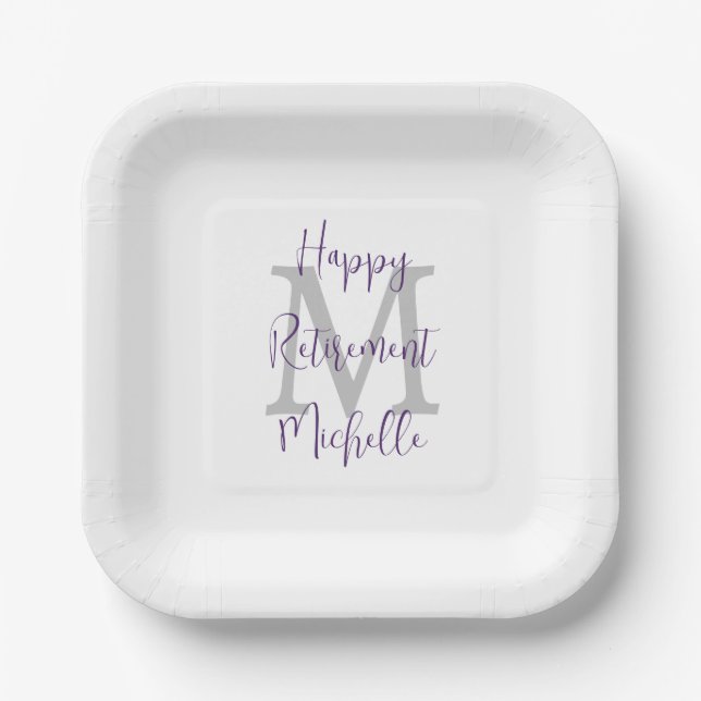 Retirement Party White Gray Purple Name Monogram Paper Plates (Front)