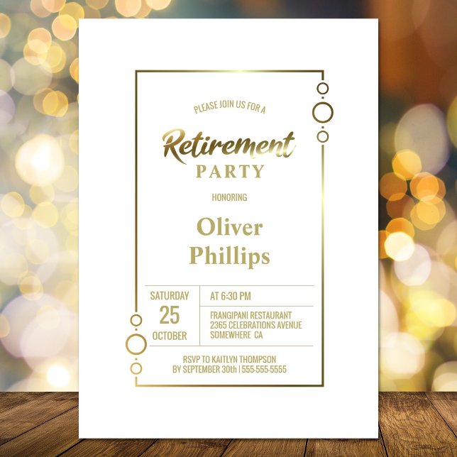 Retirement Party White with Gold Frame Party Invitation (Creator Uploaded)