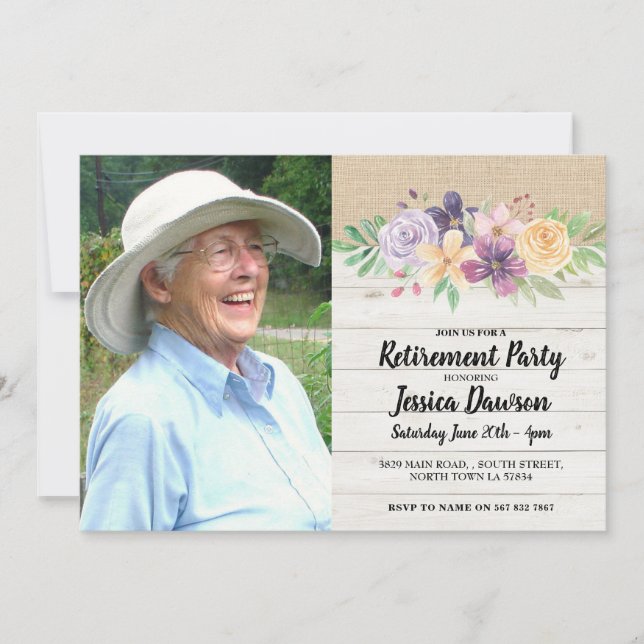 Retirement Party Wood Burlap Floral Rustic Photo Invitation (Front)