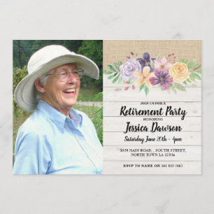 Retirement Party Wood Burlap Floral Rustic Photo Invitation