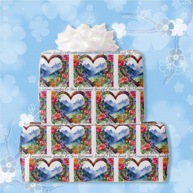 Retirement Personalize Text & Name Roses Mountains Wrapping Paper (Creator Uploaded)