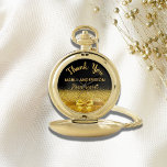Retirement pharmacist black gold bow thank you pocket watch<br><div class="desc">Elegant,  classic,  glamorous and feminine. A gift for a retired female pharmacist.  A faux gold colored bow and ribbon with golden glitter and sparkle,  a bit of bling and luxury. Black background. With the text: Thank You,  templates for a name and occupation,  profession.</div>