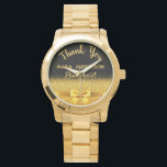 Retirement Pharmacist black gold thank you Watch<br><div class="desc">Elegant,  classic,  glamorous and feminine. A gift for a retired Pharmacist.  A faux gold colored bow and ribbon with golden glitter and sparkle,  a bit of bling and luxury. Black background. With the text: Thank You,  templates for a name and occupation,  profession.</div>
