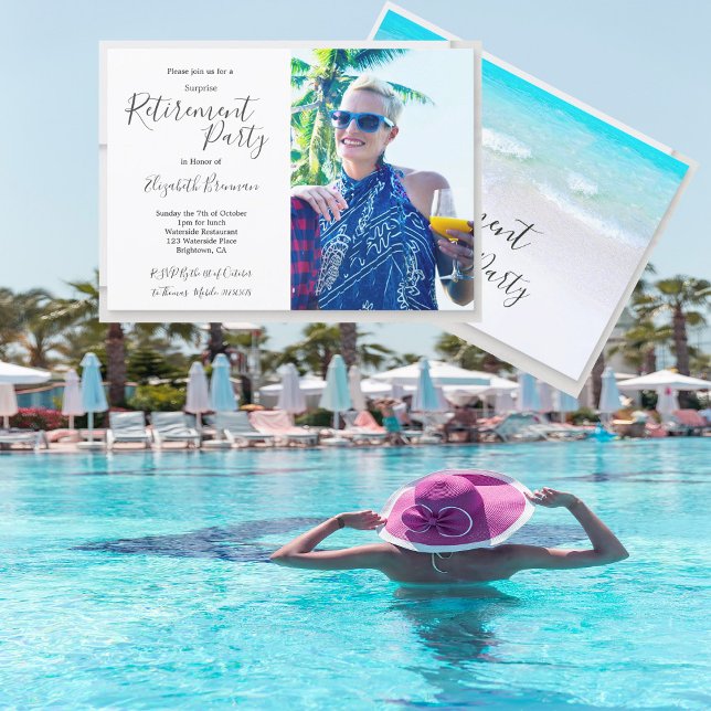 Retirement Photo Beach Blue Modern Typography Invitation (Creator Uploaded)