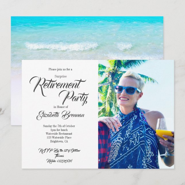 Retirement Photo Beach Modern Stylish Typography Invitation (Front/Back)