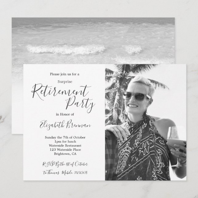 Retirement Photo Black and White Beach Modern Invitation (Front/Back)
