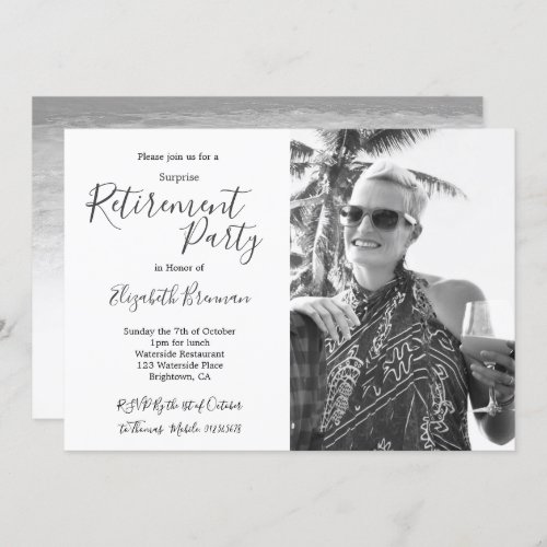 Retirement Photo Black and White Beach Modern Invitation