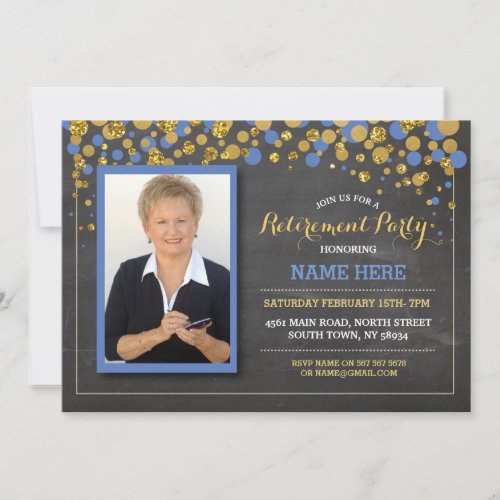 Retirement Photo Blue Chalk Party Invitation