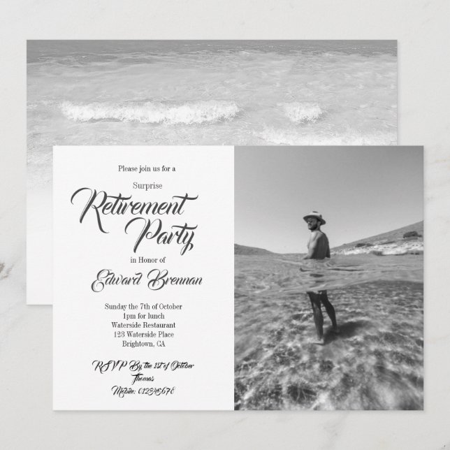Retirement Photo Chic Black and White Stylish Invitation (Front/Back)