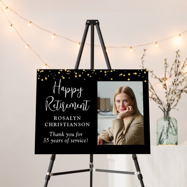 Retirement Photo Handwritten Script Gold Confetti Foam Board (In Situ (Stand))