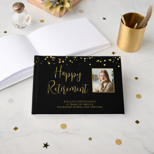 Retirement Photo Handwritten Script Gold Confetti Guest Book