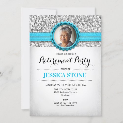 Retirement Photo _ Turquoise Blue Silver White Invitation