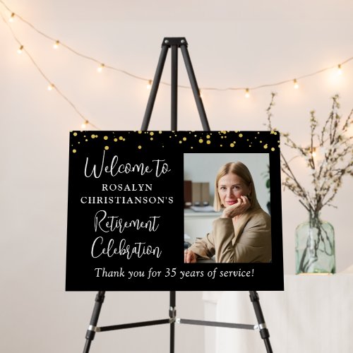 Retirement Photo Welcome Sign Script Gold Confetti