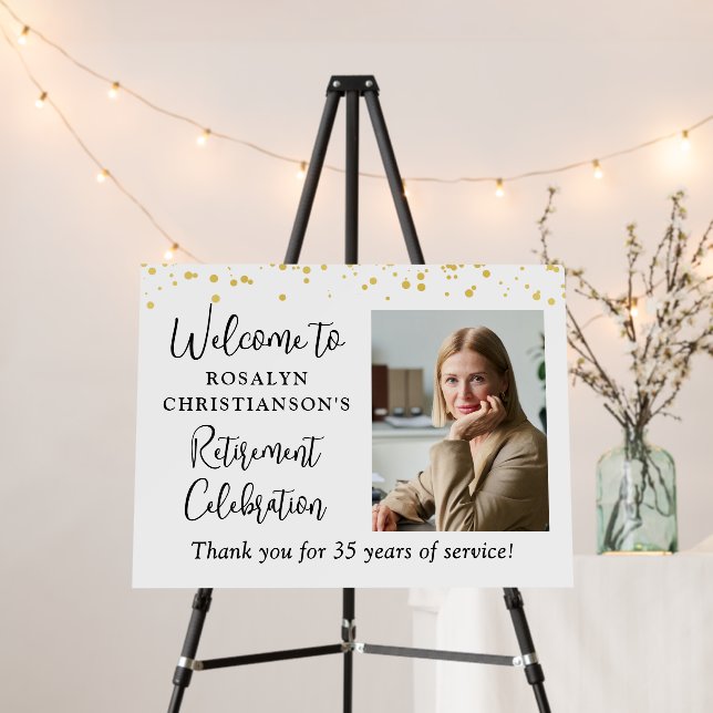 Retirement Photo Welcome Sign Script Gold Confetti (In Situ (Stand))