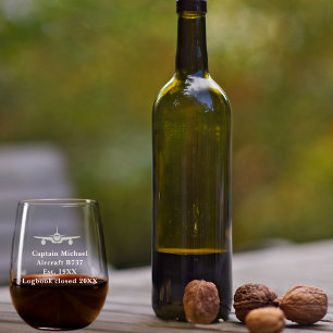 Retirement Pilot Captain Airplane Custom Aviation Stemless Wine Glass