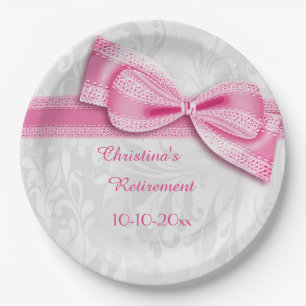Retirement Pink Damask and Faux Bow Paper Plates