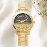 Retirement Postal Worker black gold thank you Watch<br><div class="desc">Elegant,  classic,  glamorous and feminine. A gift for a retired Postal Worker.  A faux gold colored bow and ribbon with golden glitter and sparkle,  a bit of bling and luxury. Black background. With the text: Thank You,  templates for a name and occupation,  profession.</div>