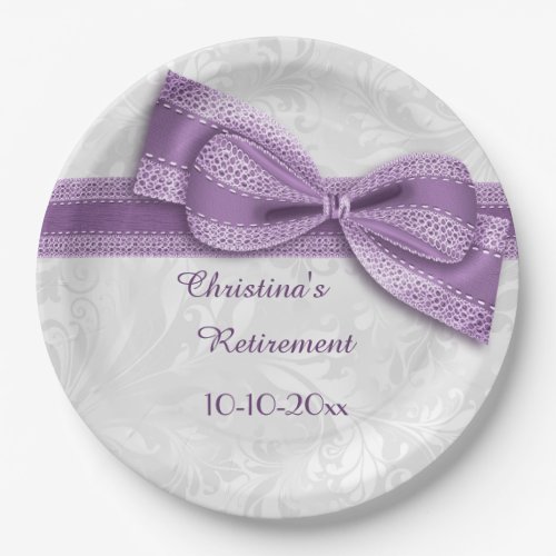 Retirement Purple Damask and Faux Bow Paper Plates