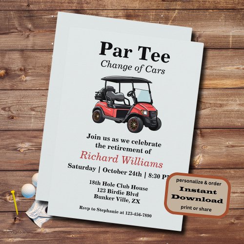 Retirement Red Golf Cart Par Tee Themed Invitation