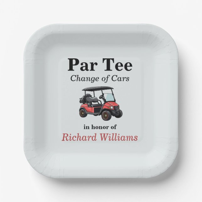 Retirement Red Golf Cart Par Tee Themed Paper Plates (Front)