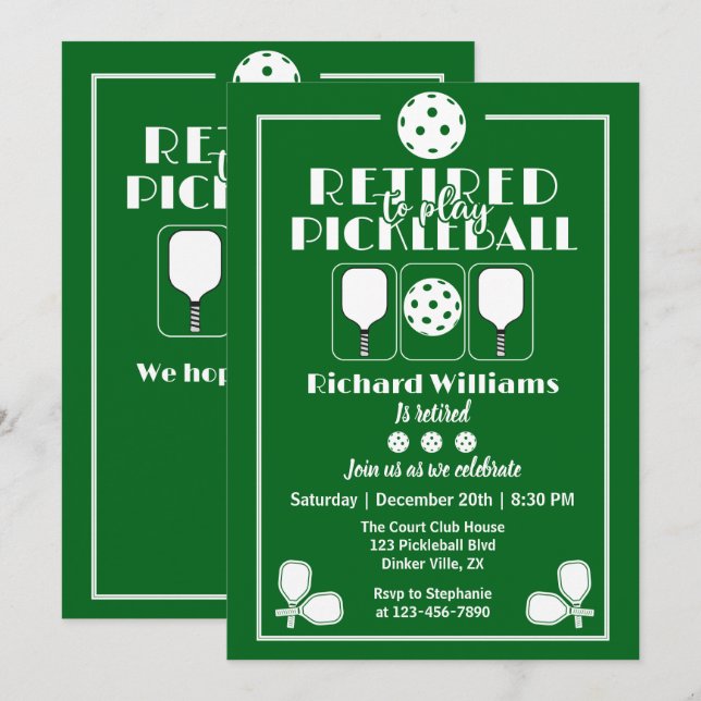 Retirement Retired to Play Pickleball Modern Green Invitation (Front/Back)