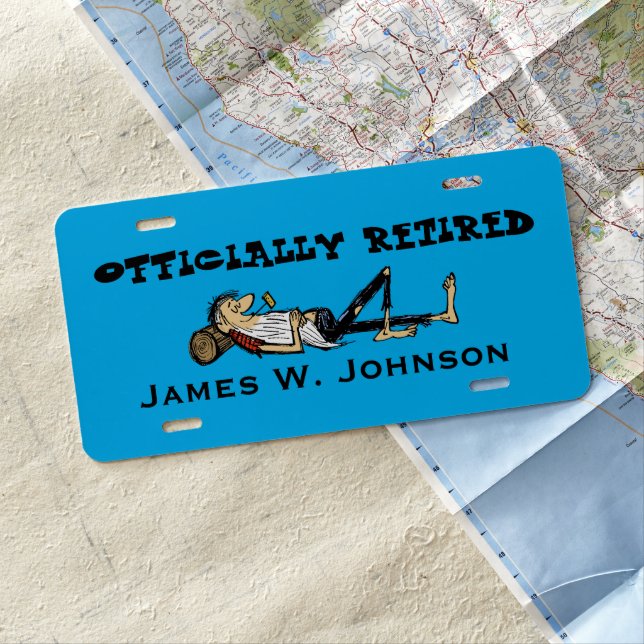 Retirement Rip Van Winkle style blueBG License Plate (In Situ)