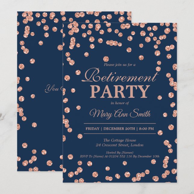 Retirement Rose Gold Navy Glitter Confetti Invitation (Front/Back)