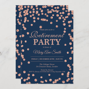 Retirement Rose Gold Navy Glitter Confetti Invitation
