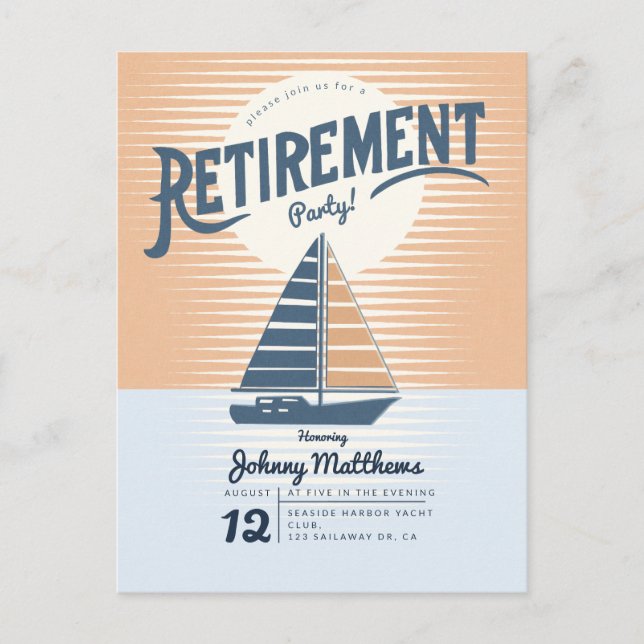Retirement sailboat sunset postcard invitation (Front)