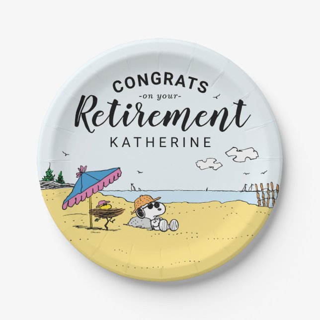 Retirement | Snoopy & Woodstock on the Beach Paper Plates (Front)